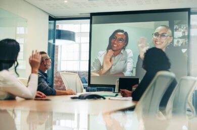 Team of professionals in a multi-channel meeting