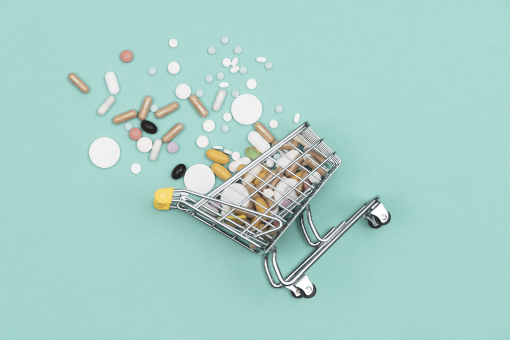 Shopping cart with pills within it