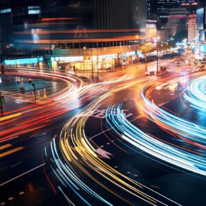 Flow of traffic in a city at night