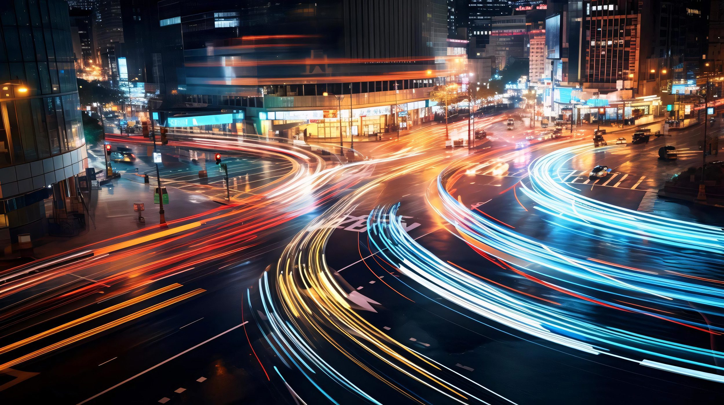 Flow of traffic in a city at night