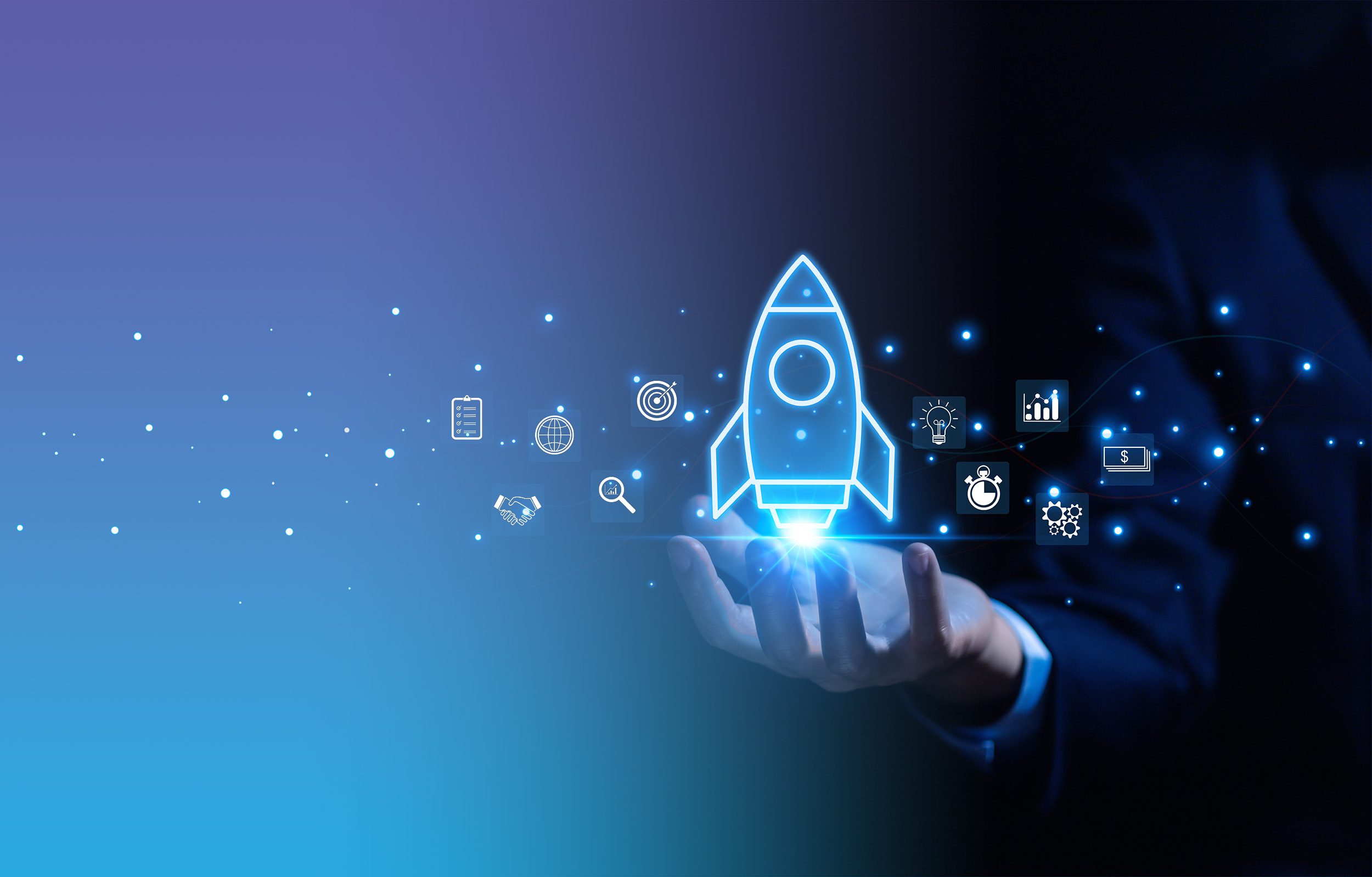 Rocket ship launching with icons for accuracy, targets and searching