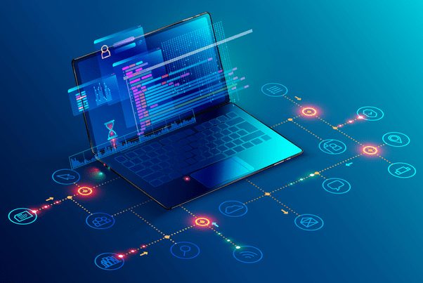 Illustration of laptop surrounded by data