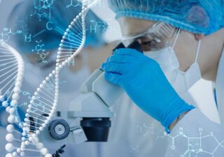 Person looking into microscope with gene texture overlayed